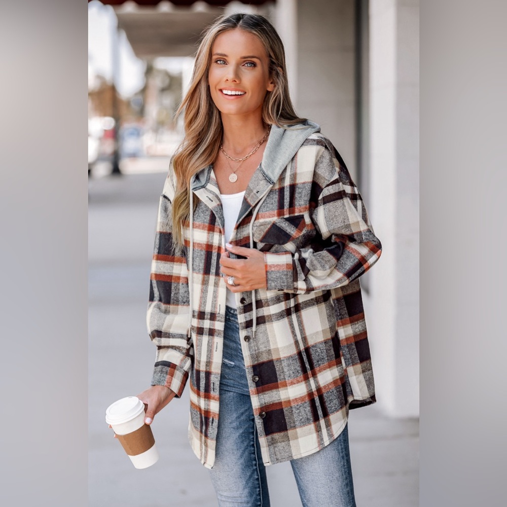 NWOT Plaid Drawstring Hooded Shacket